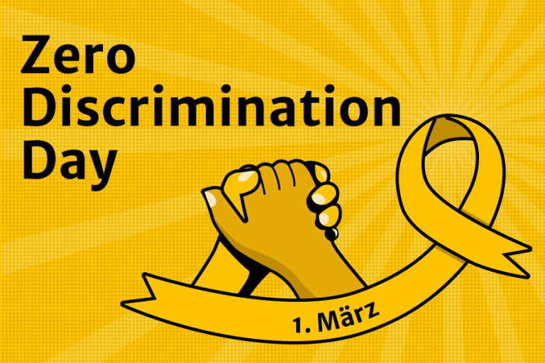 Zwei Hände halten sich, umrahmt von einer Aktionsschleife zum Zero Discrimination Day