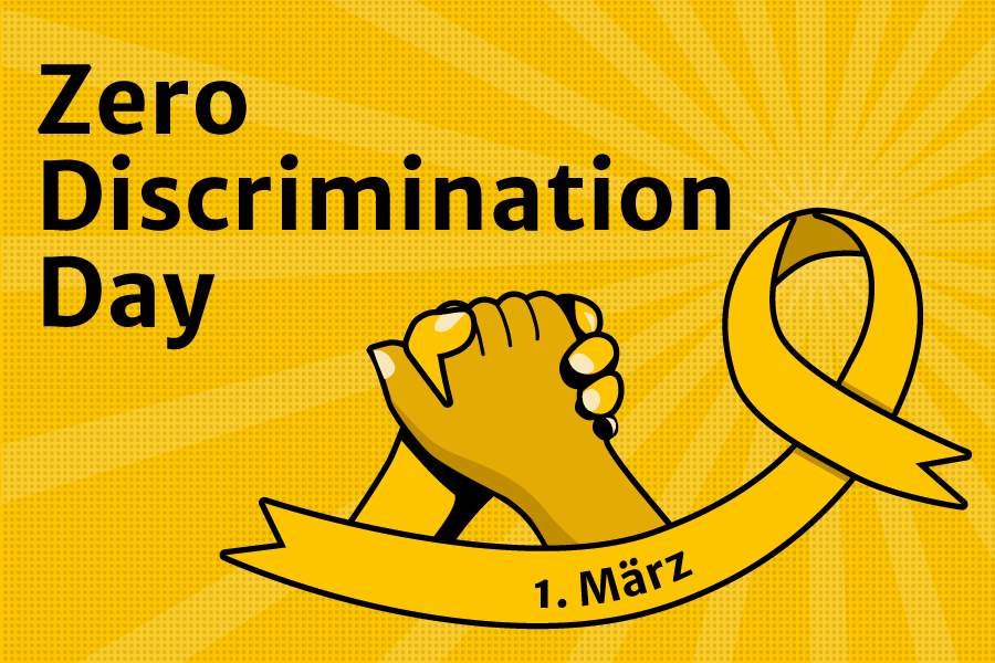 Zwei Hände halten sich, umrahmt von einer Aktionsschleife zum Zero Discrimination Day