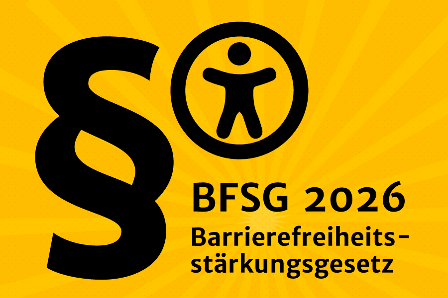 Illustration zum BFSG 2026: Paragrafenzeichen und Symbol für Barrierefreiheit. Schwarz auf gelbem Hintergrund