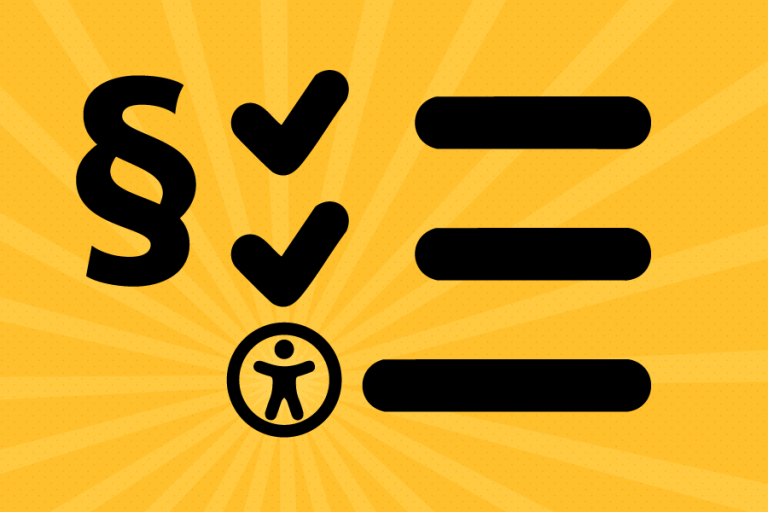 Illustration zum BFSG: eine Checkliste mit Paragrafenzeichen und Symbol für Barrierefreiheit. Schwarz auf gelbem Hintergrunf.