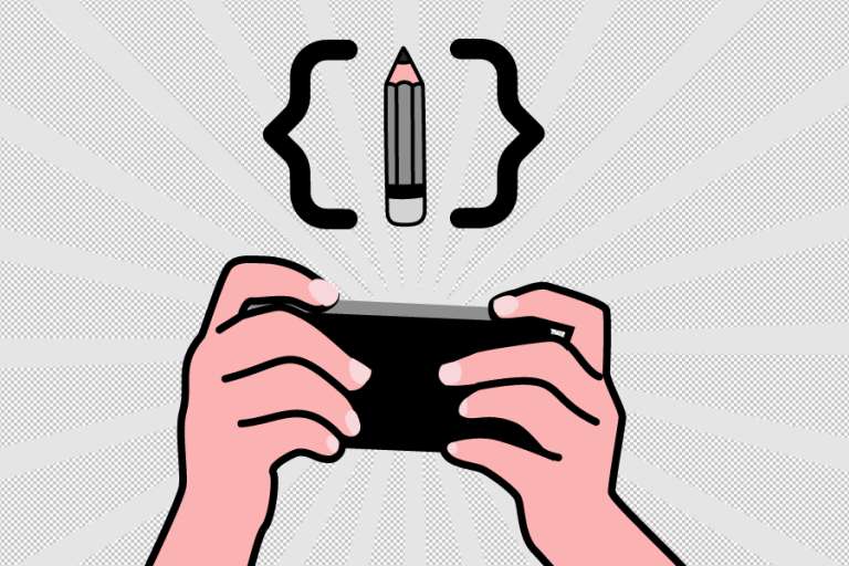 Zwei Hände halten ein Smartphone und darüber schweben Brackets und ein Bleistift.