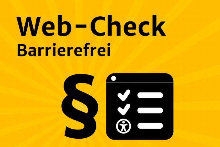 Illustration: Paragrafenteichen neben Web-Seiten-Prüfbericht. Schwarz auf gelbem Grund.