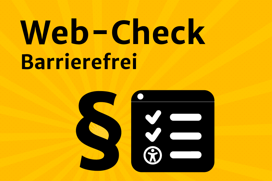 Illustration: Paragrafenteichen neben Web-Seiten-Prüfbericht. Schwarz auf gelbem Grund.