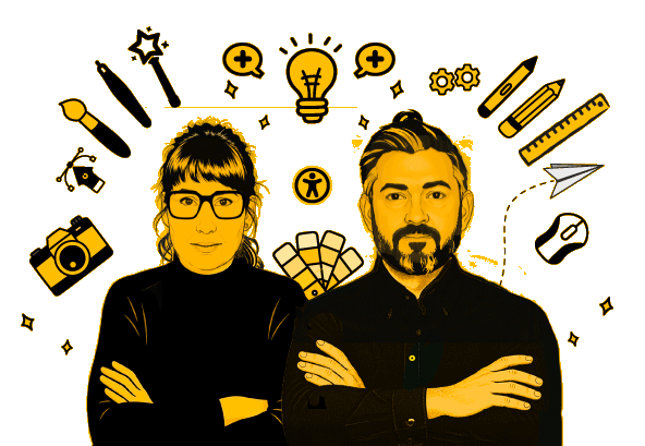 Eine Frau und ein Mann lächeln und um sie herum sind viele Grafikerwerkzeuge