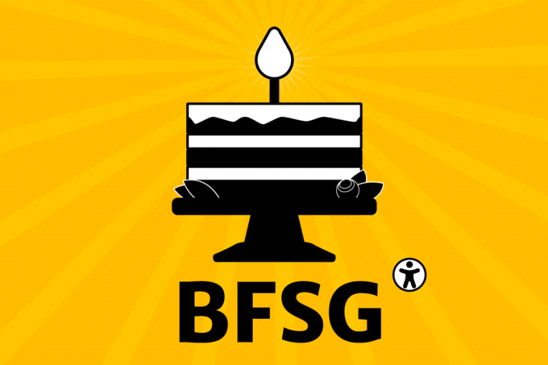 Illustration auf gelbem Hintergrund: Auf einer Torte brennt eine Geburtstagskerze und darunter stehen die Buchstaben "BFSG" mit dem Symbol für Barrierefreiheit.