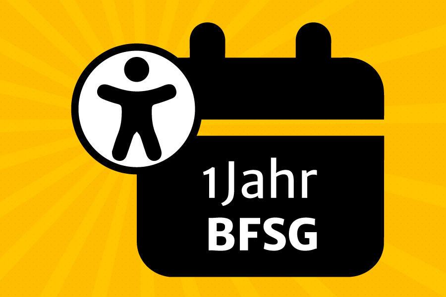 Kalendersymbol mit Text "1 Jahr BFSG" und dem Symbol für Barrierefreiheit auf gelbem Hintergrund