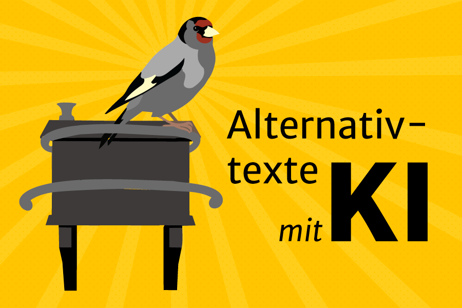 Stilisiertes Gemälde "Distelfink" mit dem Text "Alternativtexte mit KI" auf gelbem Hintergrund